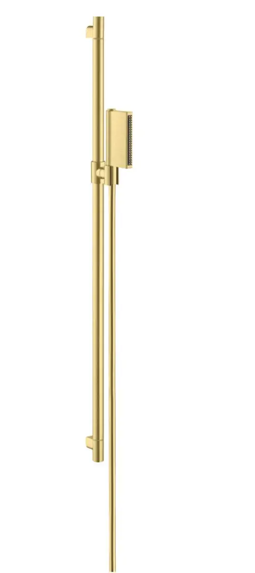 Vertikales Duscheset in Brushed Brass mit Handbrause. Klar strukturiert, geeignet für moderne Bäder. Design von AXOR.